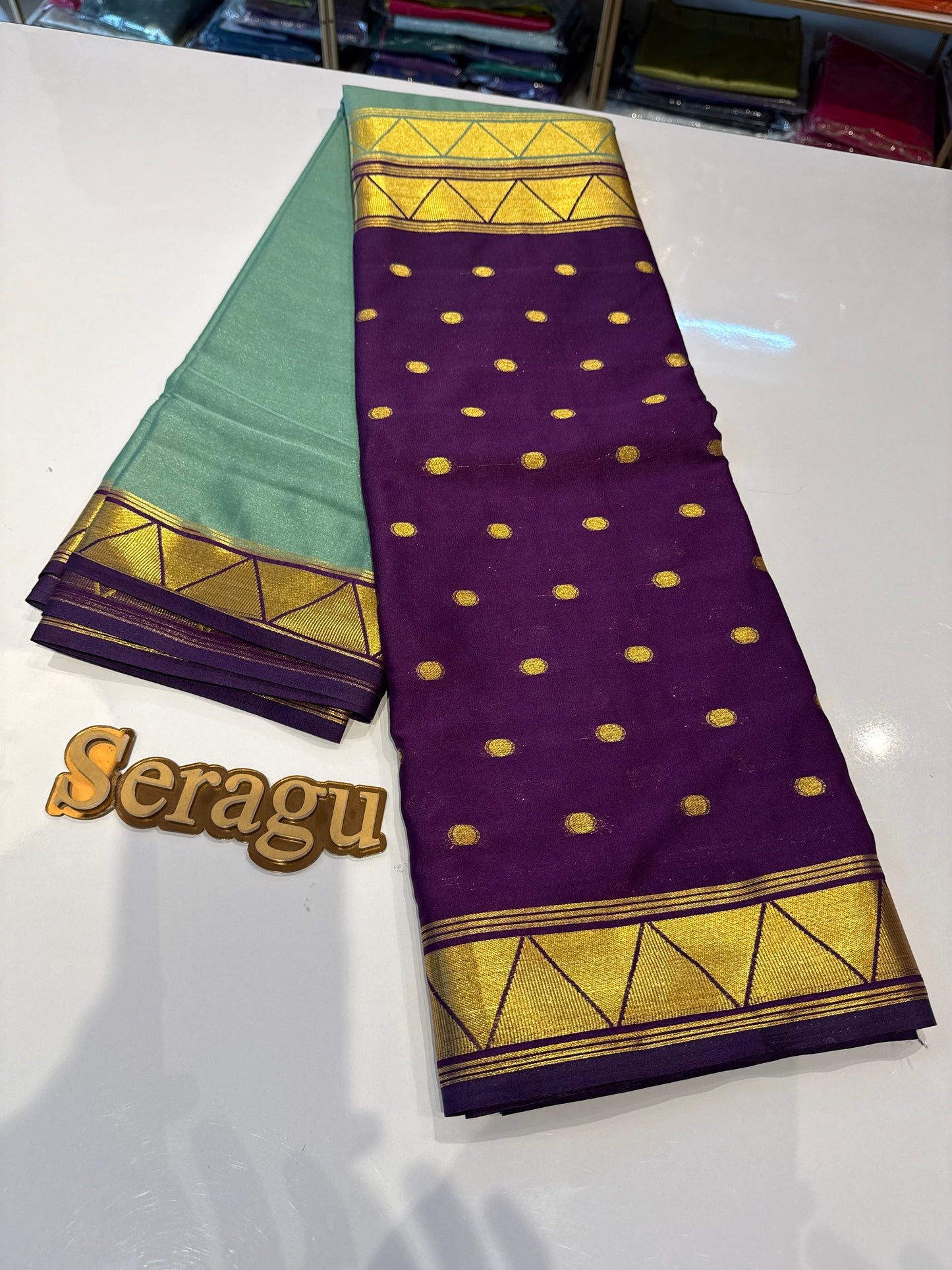 Aqua blue with purple half and half semi Mysore crepe silk saree