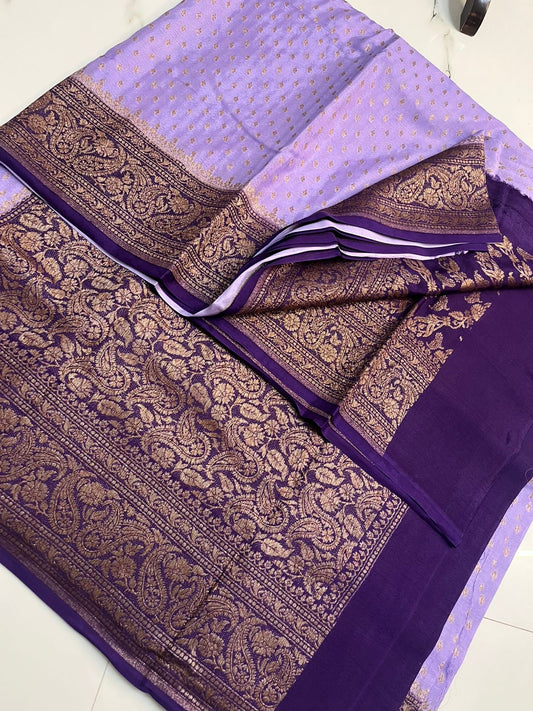 Lavender With Purple Pure Crepe chiffon banarasi saree