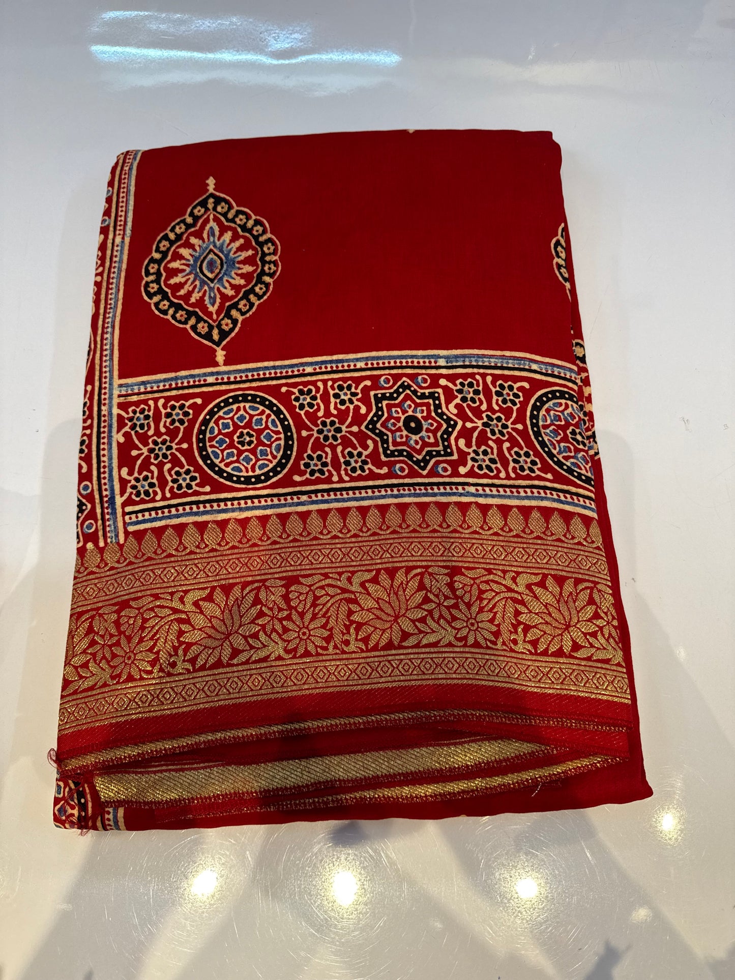 Dola Silk Saree with ajrakh hand block print