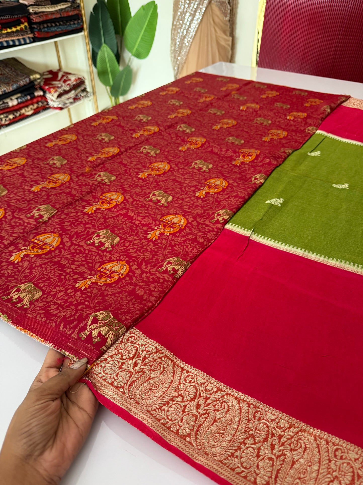 Pink red with parrot green Premium viscose Saree