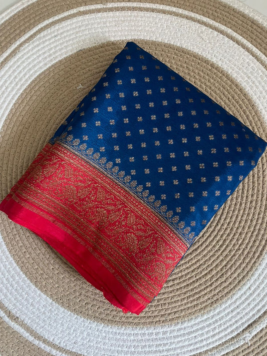 Blue With Red Pure Crepe chiffon banarasi saree