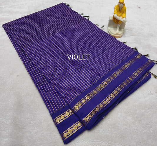 A gorgeous blue chequered cotton saree with a small blue border and a double rudraksham gold zari border (Violet)
