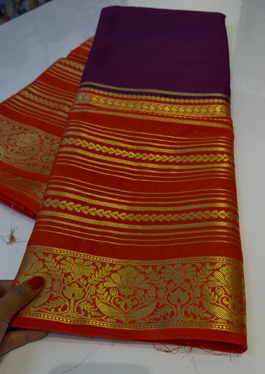 Orange with purple semi crepe silk saree