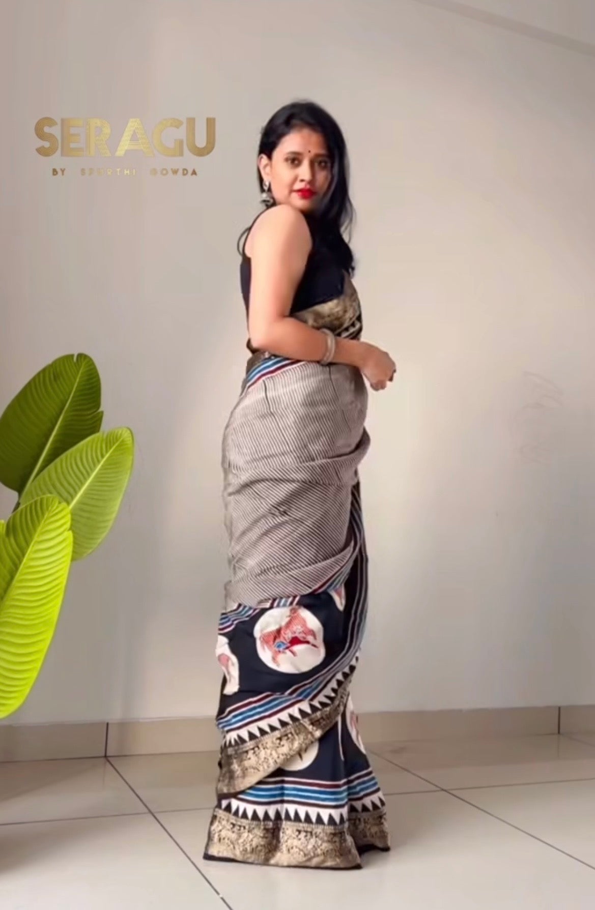 Dola Silk Saree with ajrakh hand block print