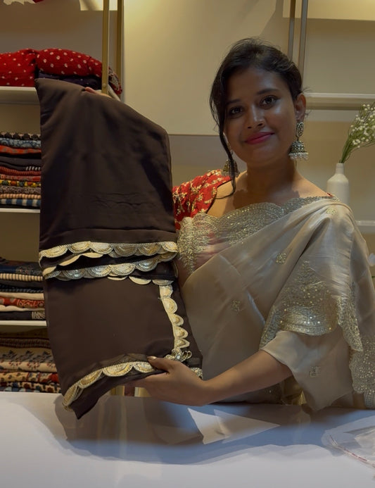 Brown design saree with rich embroidery blouse