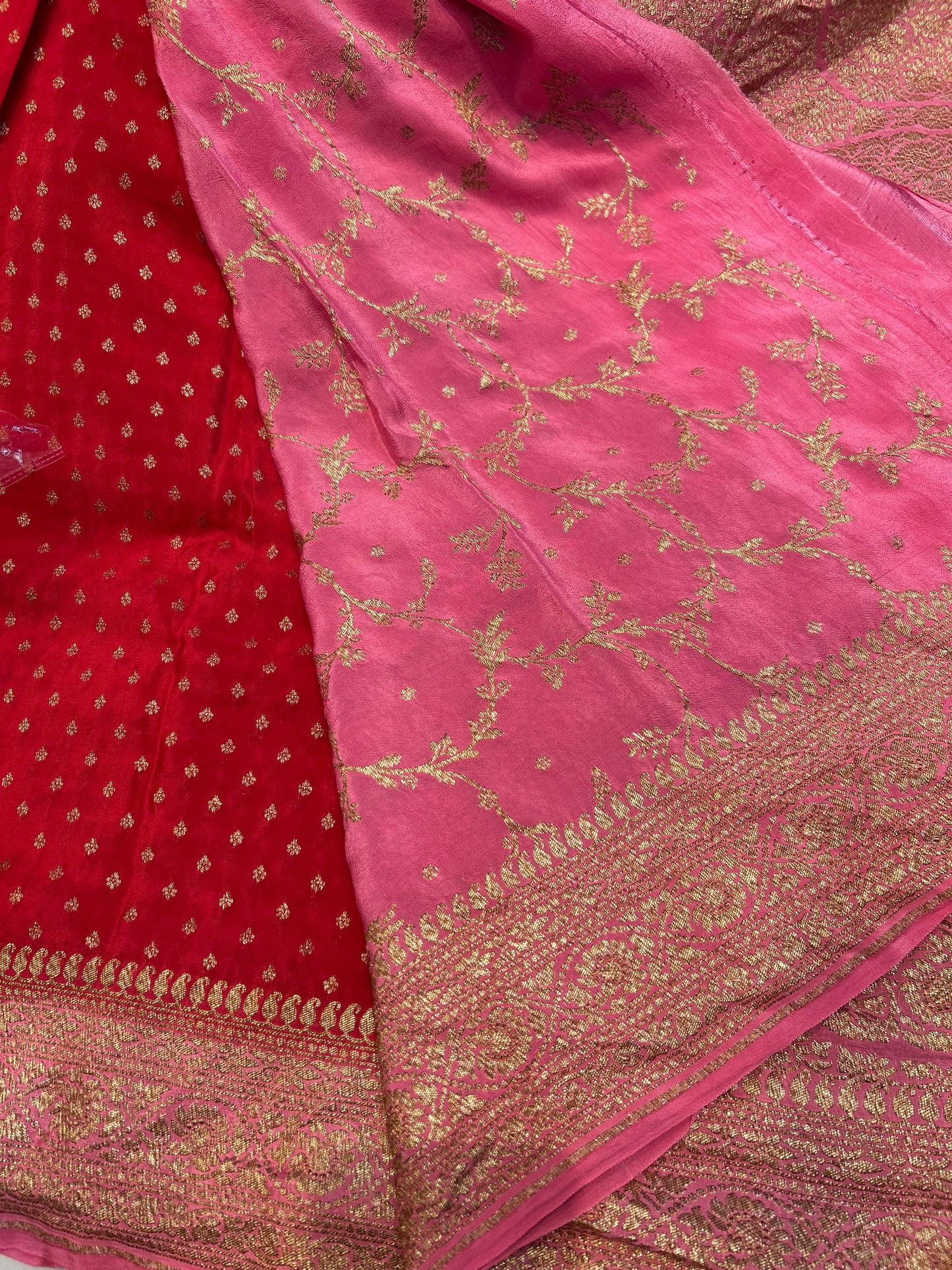 Red with pink pure crepe Banarasi saree