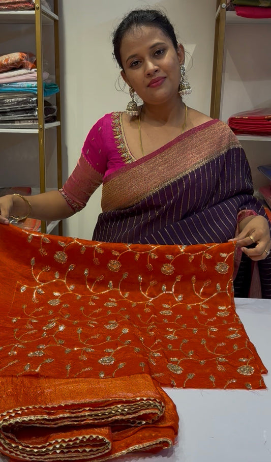 Orange space silk saree with embroidery work saree(SBSG101)