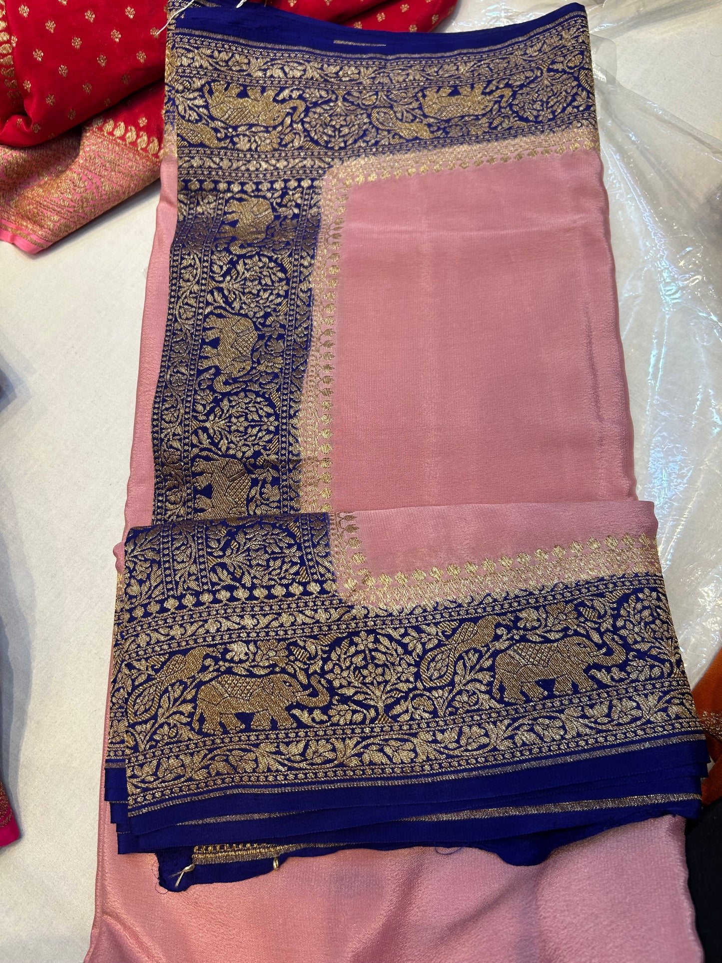 Baby pink with blue pure crepe Banarasi saree