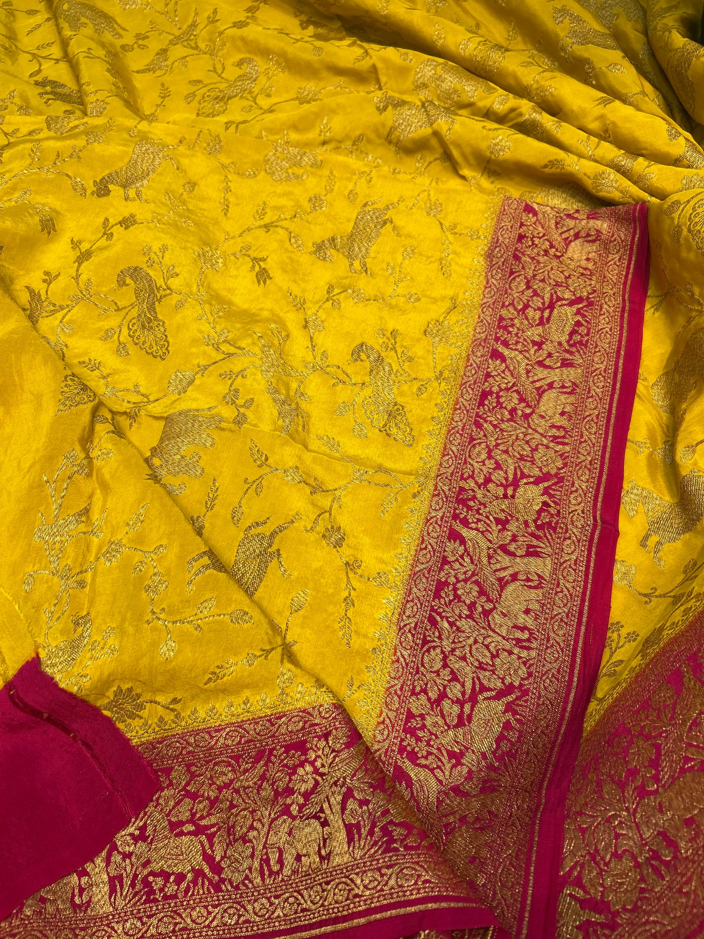 Yellow with pink pure crepe Banarasi saree