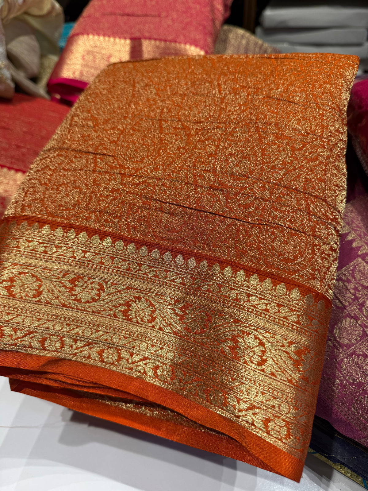 Orange premium wrinkle Chinnon brocade saree (SSW3950)
