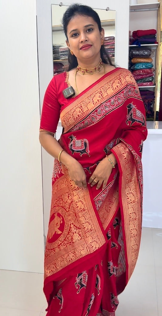 Cow design red Dola Silk Saree with ajrakh hand block print (SBSGAD66)