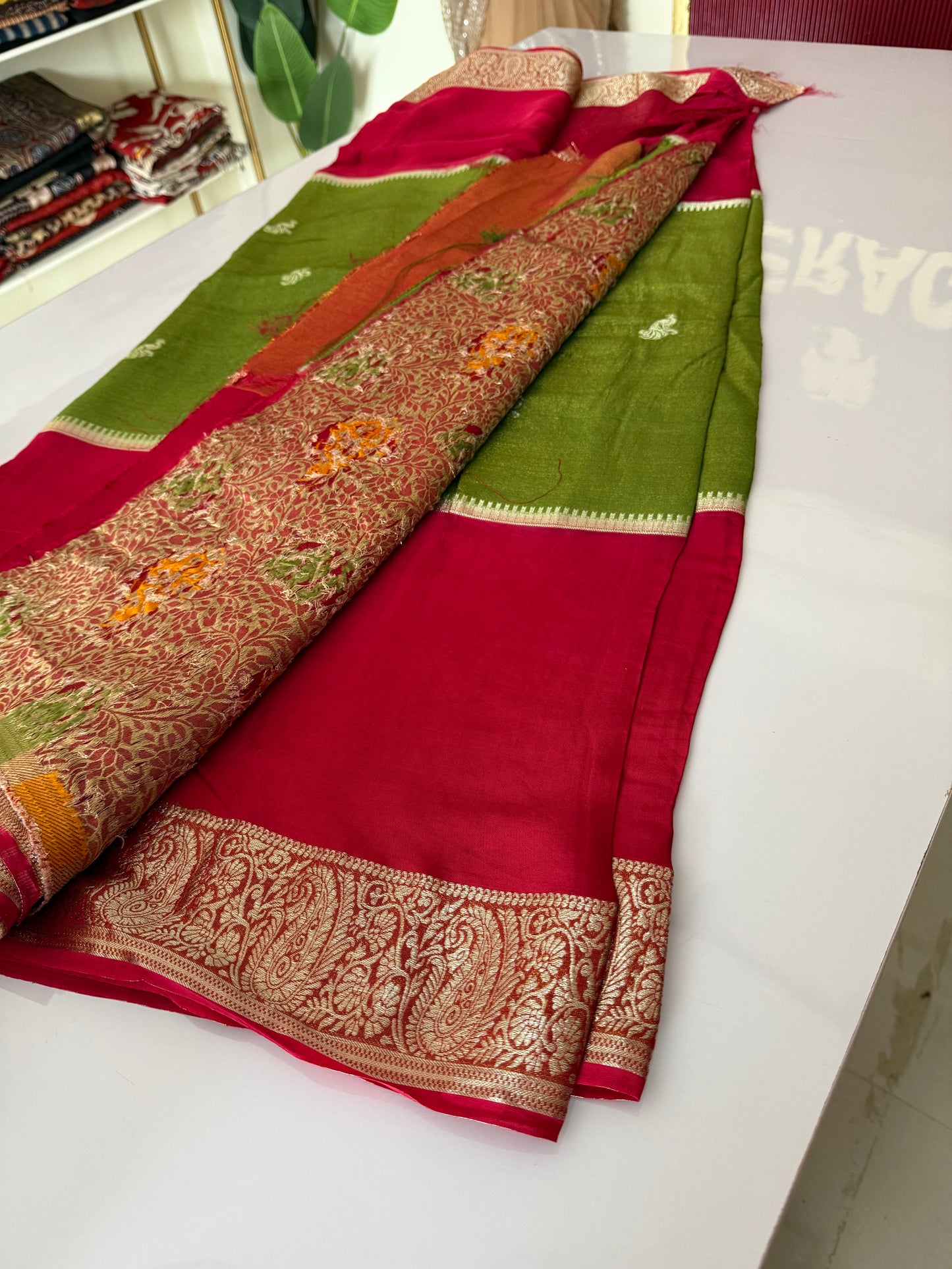 Pink red with parrot green Premium viscose Saree