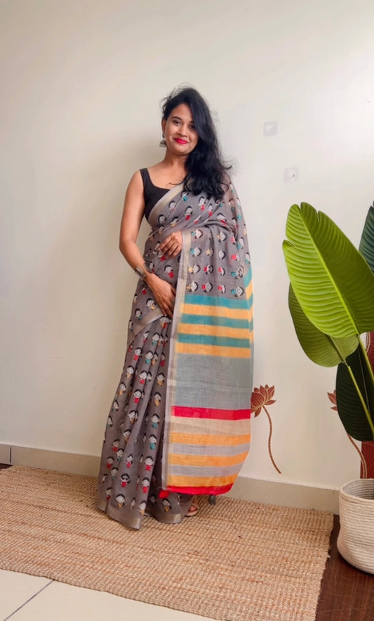 The LINEN SAREE woven in Linen by Linen fabric with Digital Print