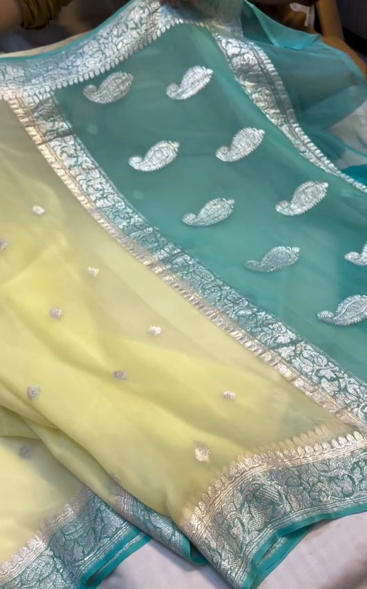 Lime yellow with aqua green Pure chiffon Banarasi sarees