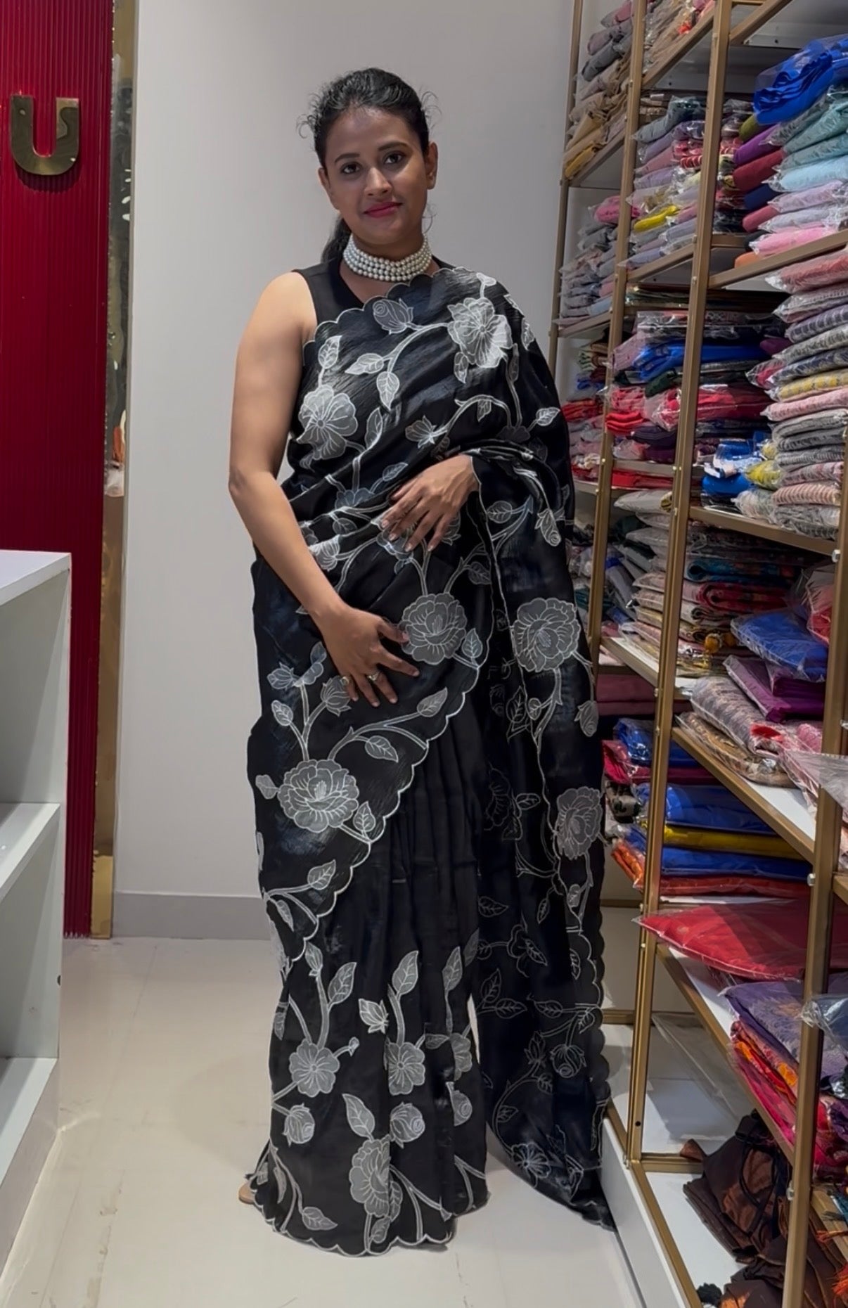Floral black and white scallop design organza saree