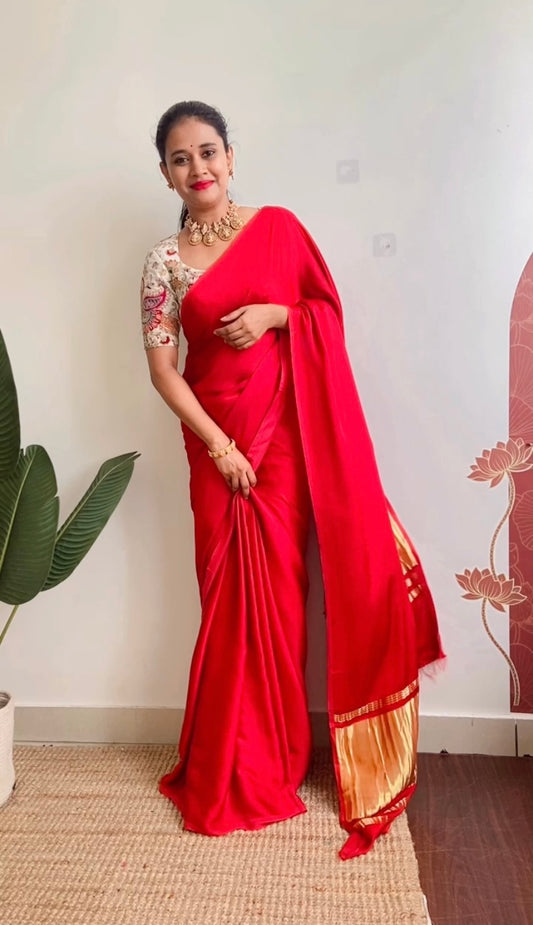 Red Pure modal silk saree with lagadi pallu with running blouse