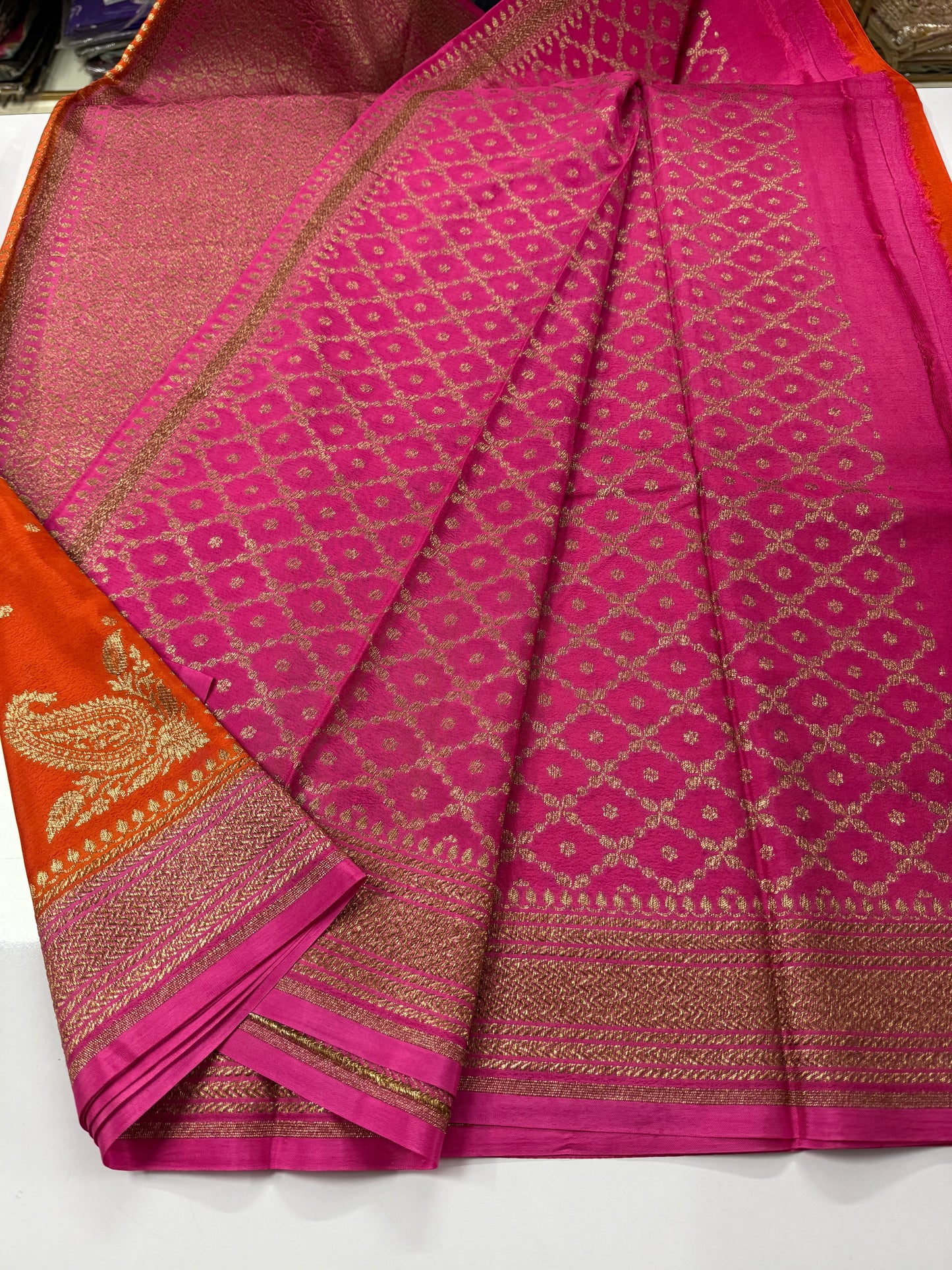 Orange with pink Pure Crepe chiffon banarasi saree with konia design(konia100)