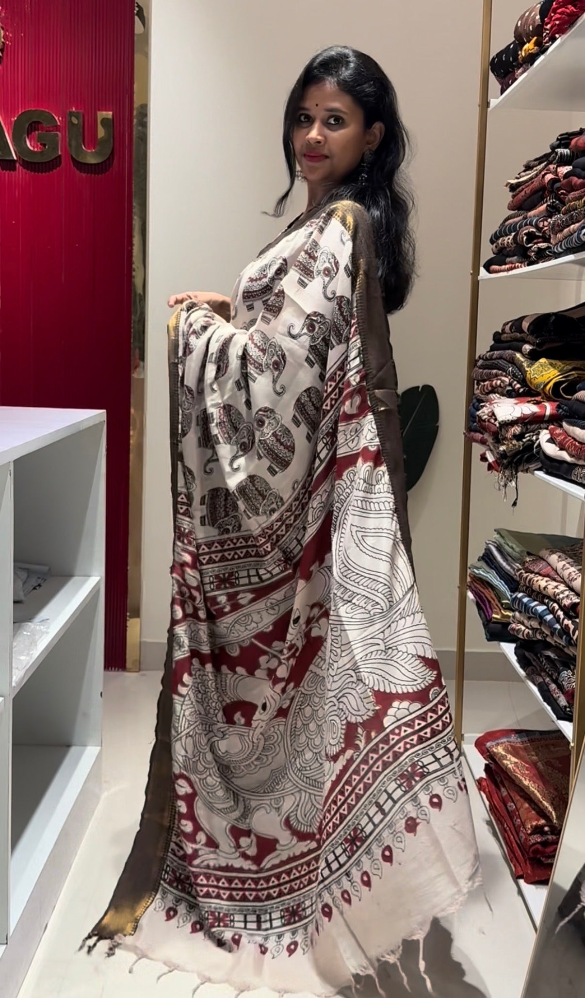 Elephant Motifs Kalamkari chennur silk saree with nizam border