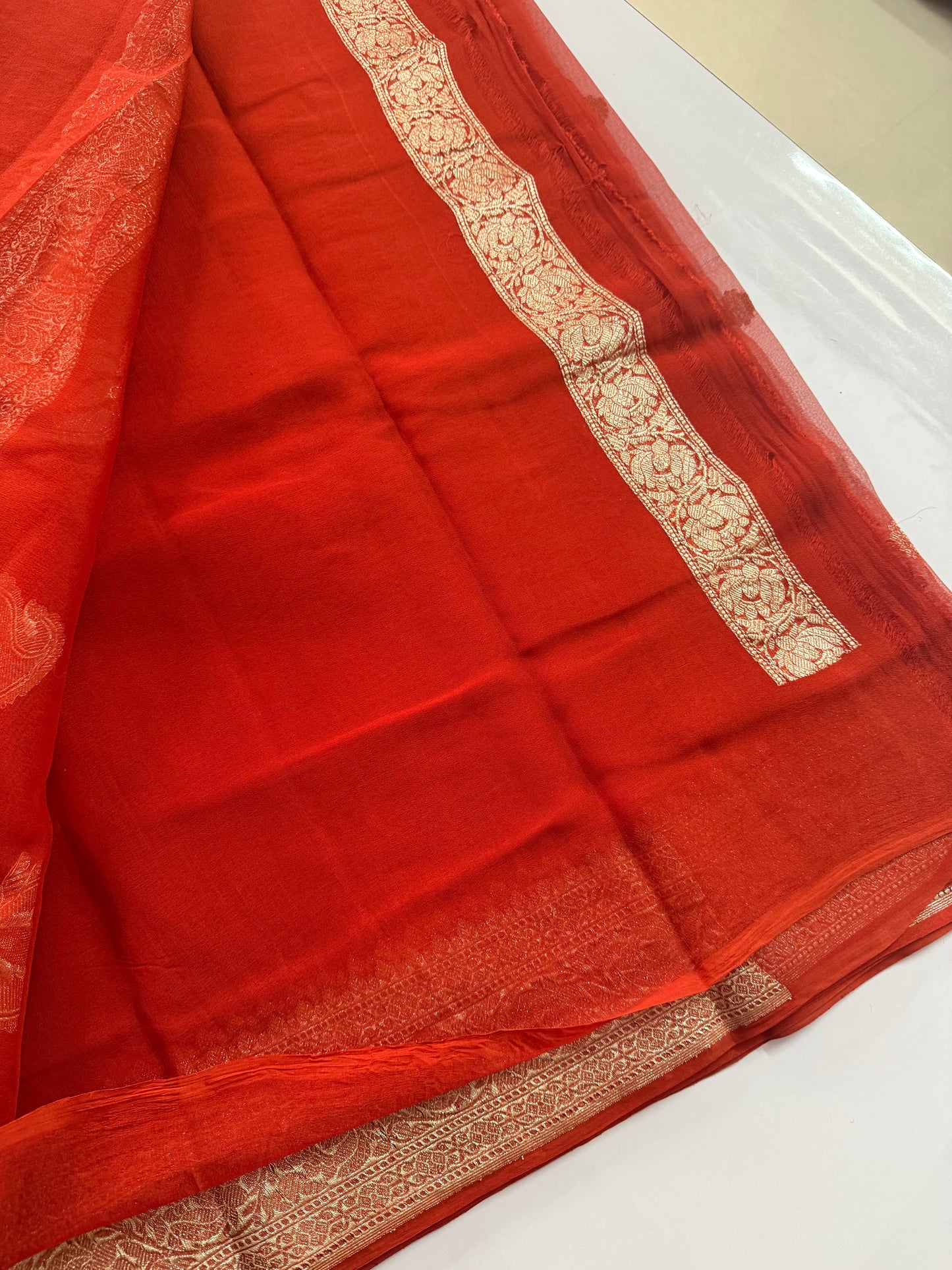 Rust Orange Pure chiffon Banarasi sarees