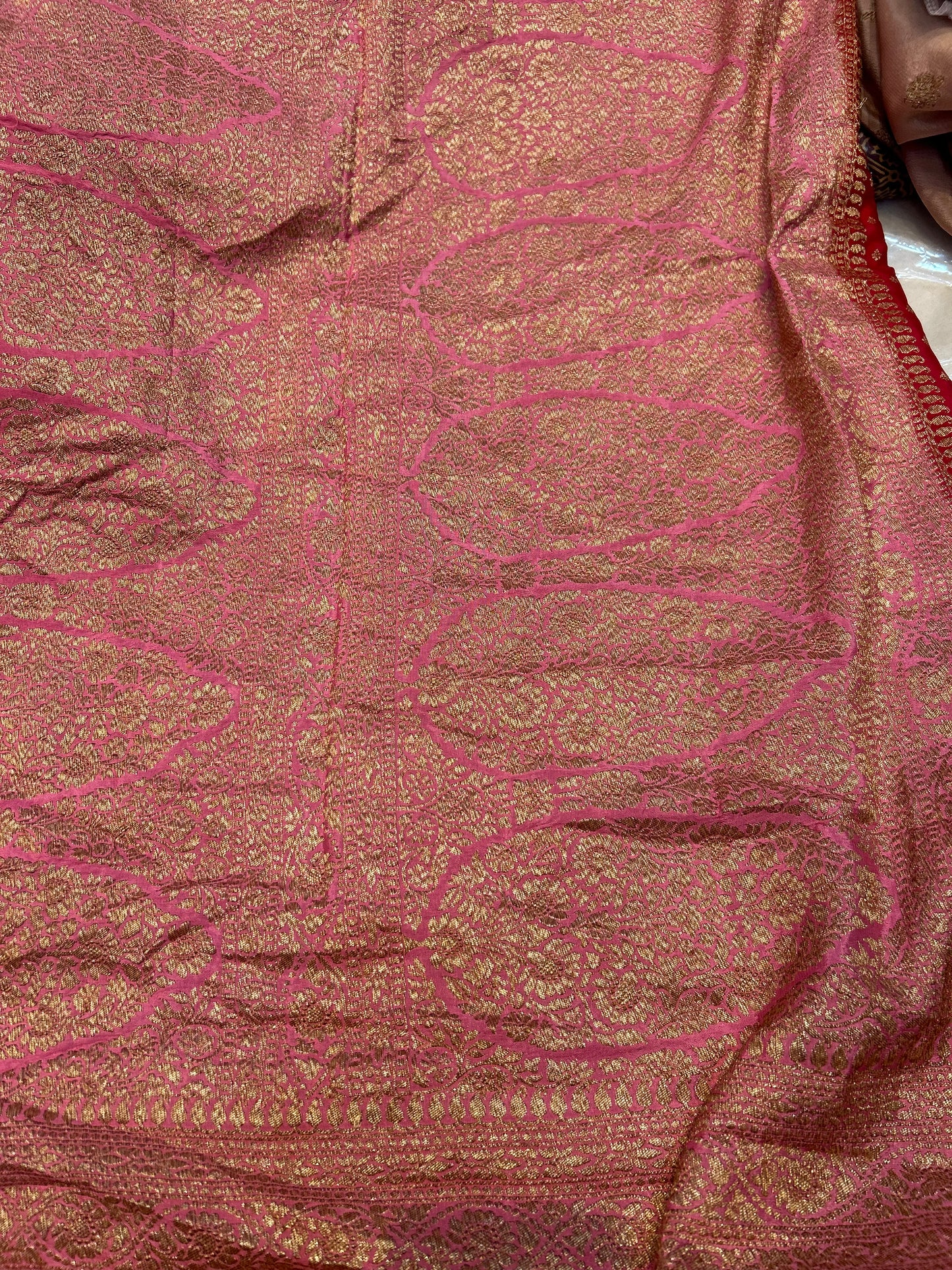 Red with pink pure crepe Banarasi saree