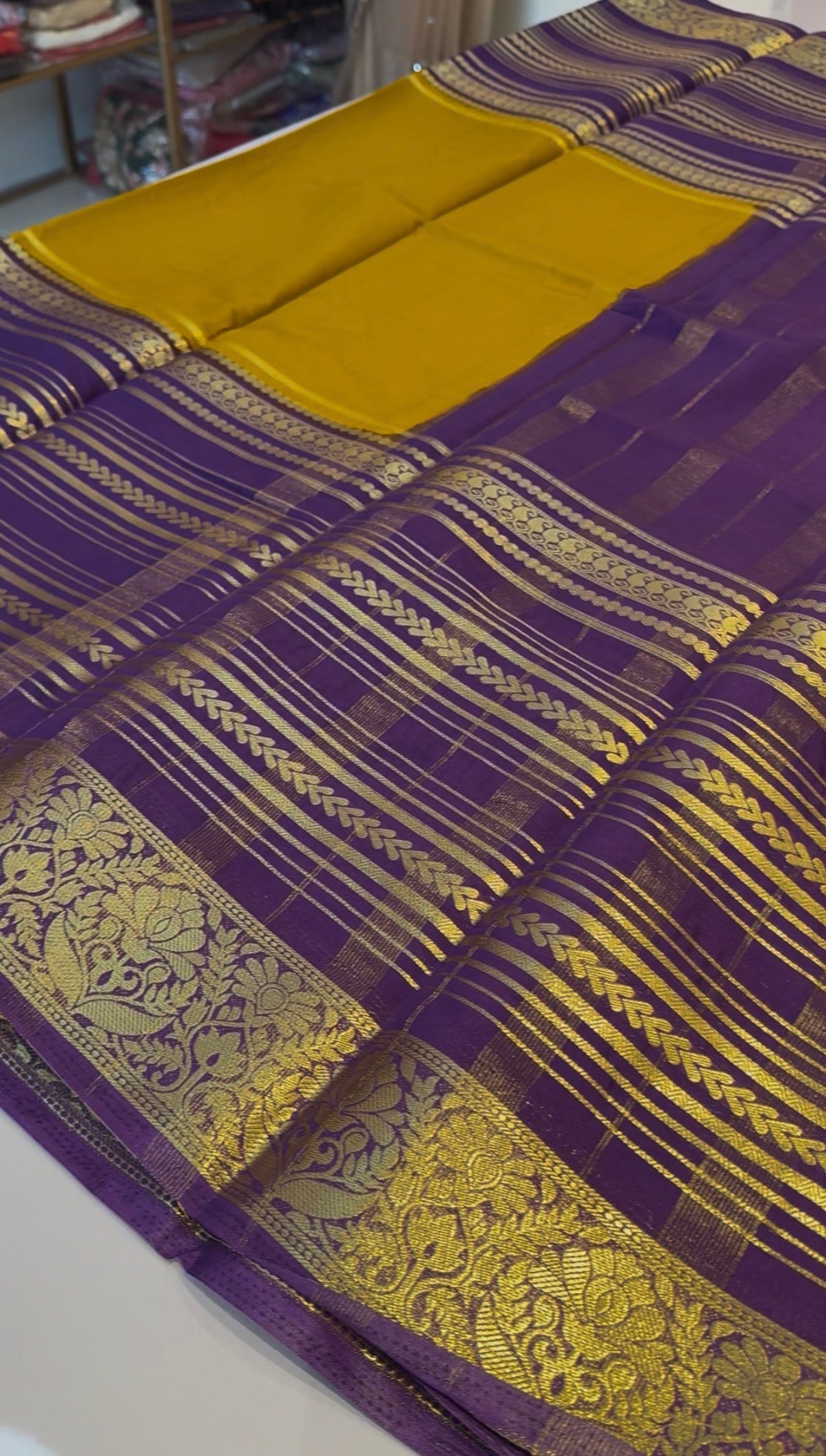 Yellow with purple semi crepe silk saree