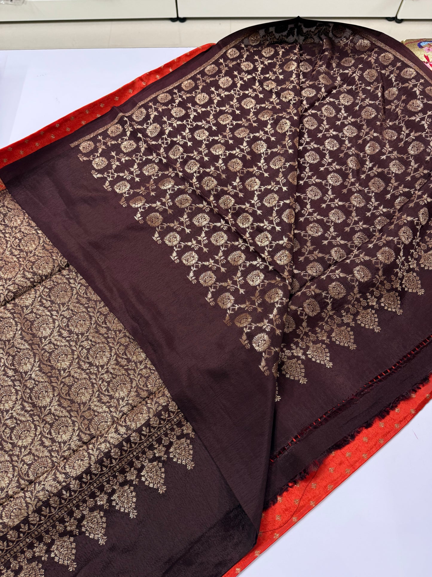 Rust orange with chocolate Brown Pure Crepe chiffon banarasi saree(PCC100)