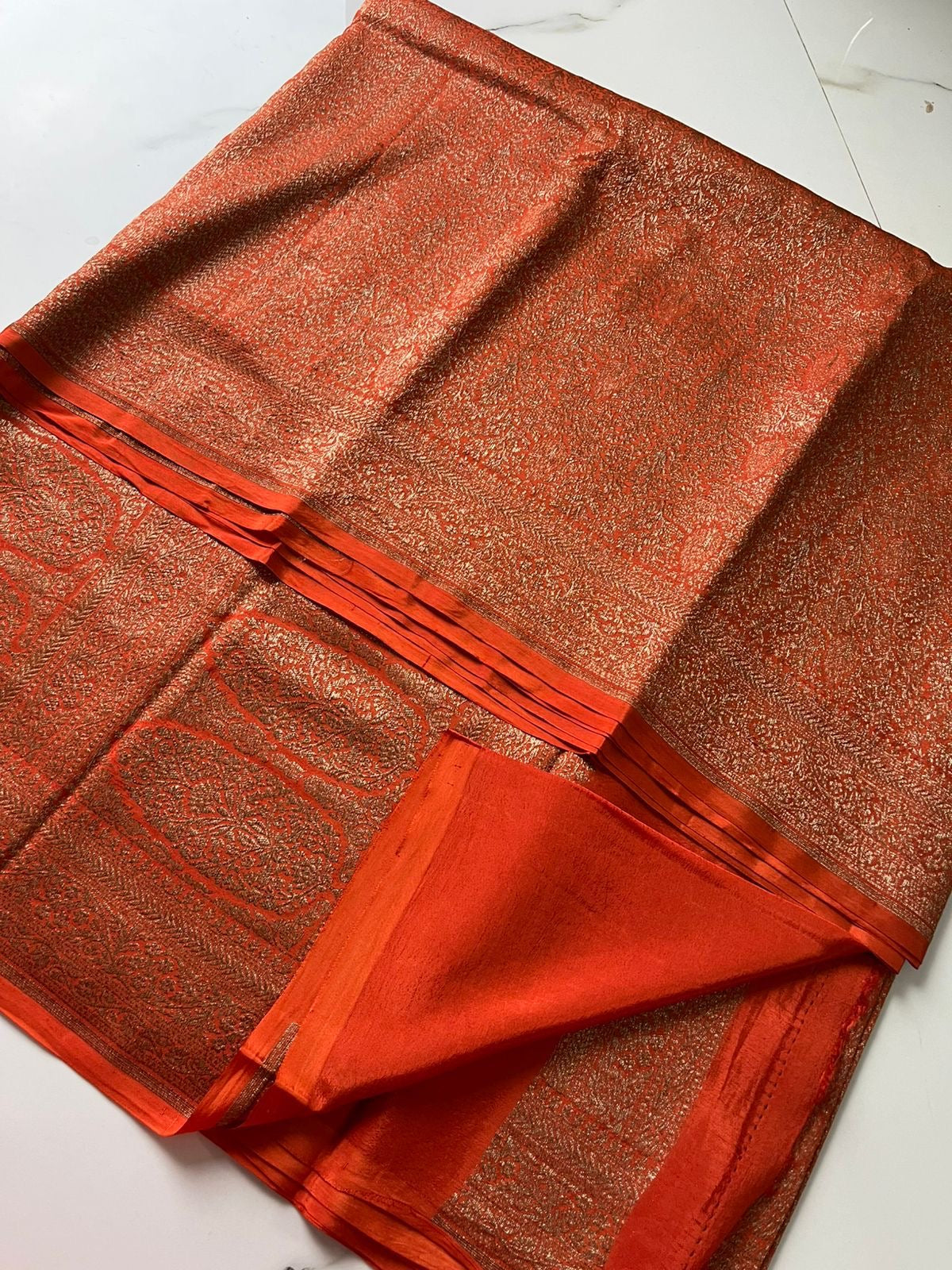 Orange PURE BROCADE Khaddi Crepe Chiffon Handloom Banarasi Saree