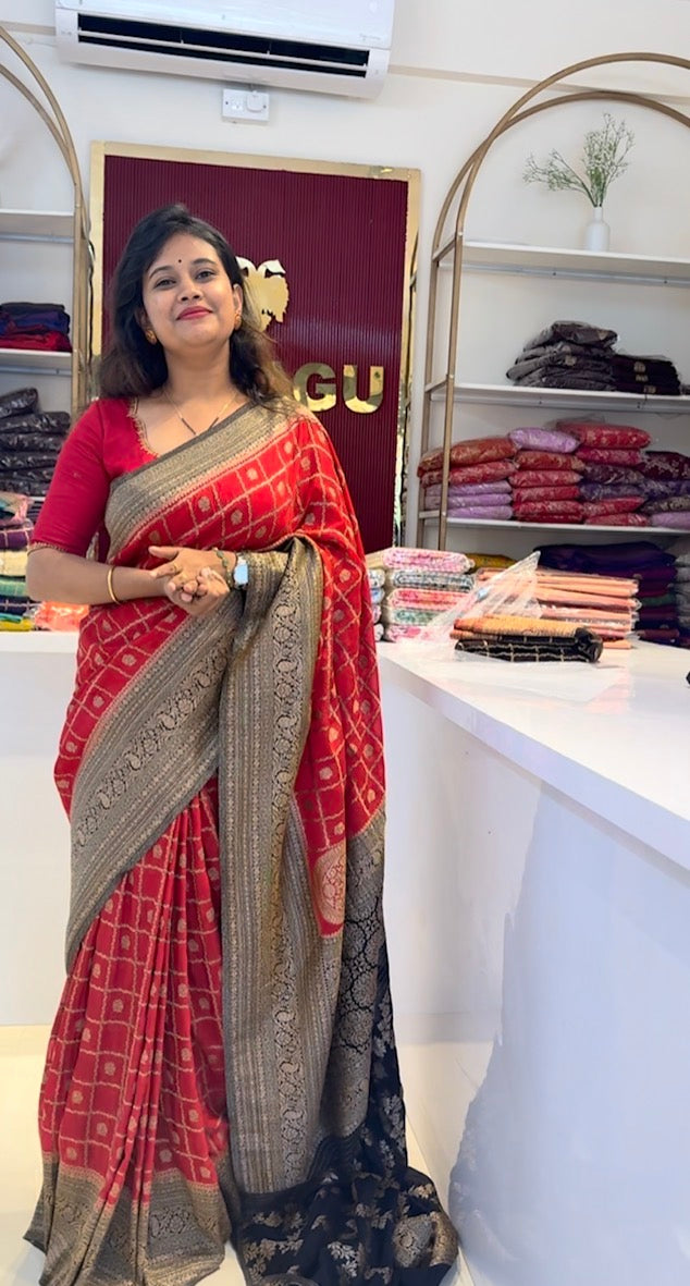 Red with black Semi Khaddi georgette Saree.