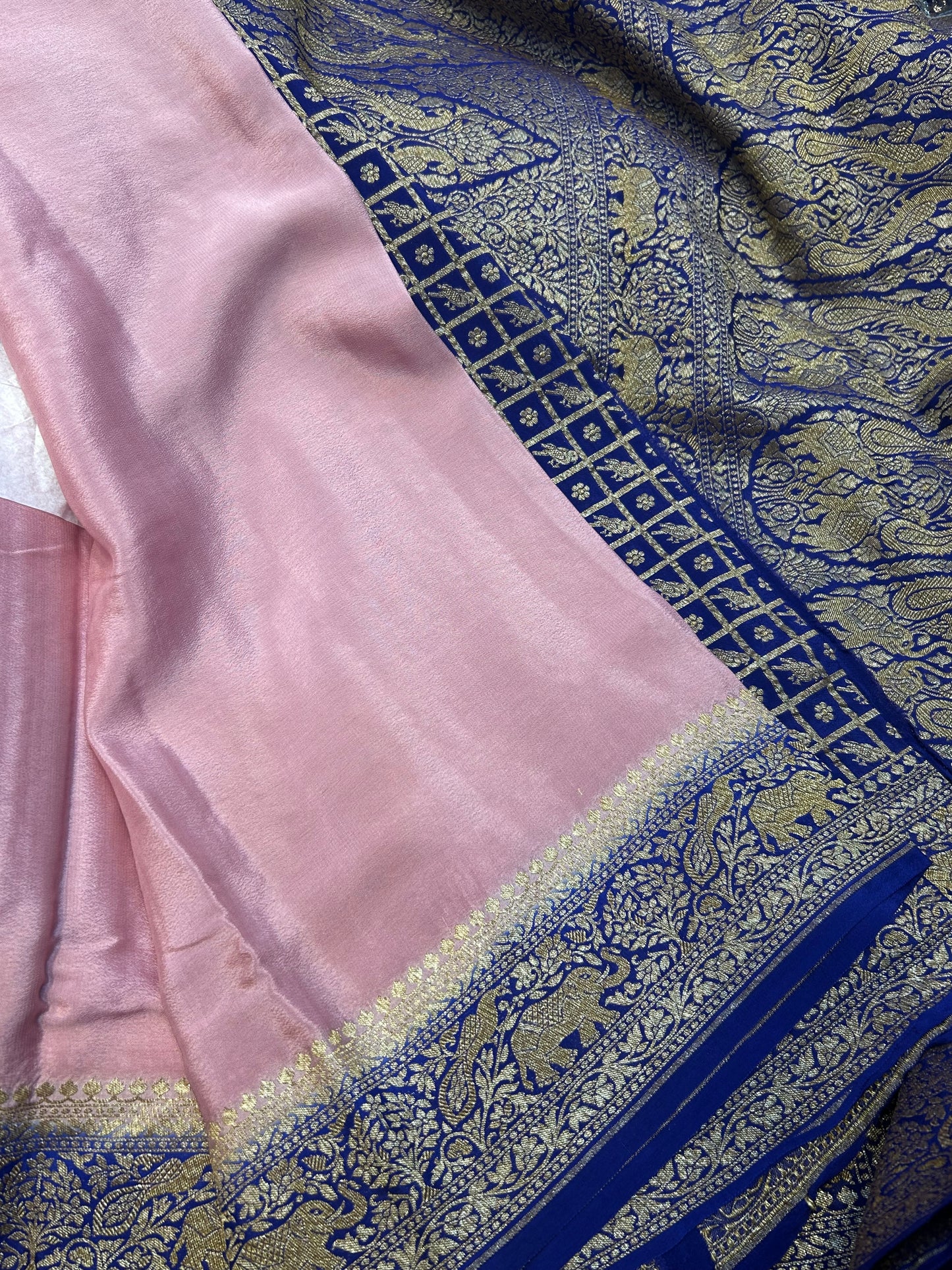 Baby pink with blue pure crepe Banarasi saree