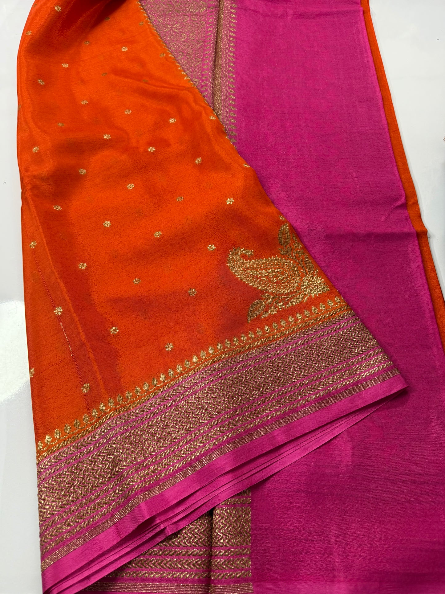 Orange with pink Pure Crepe chiffon banarasi saree with konia design(konia100)