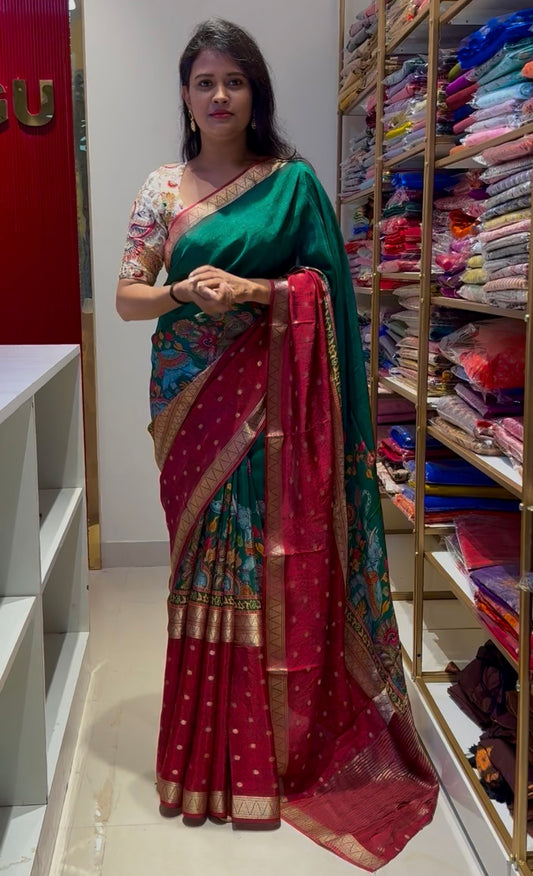 Green and Red Chinnon crepe silk saree
