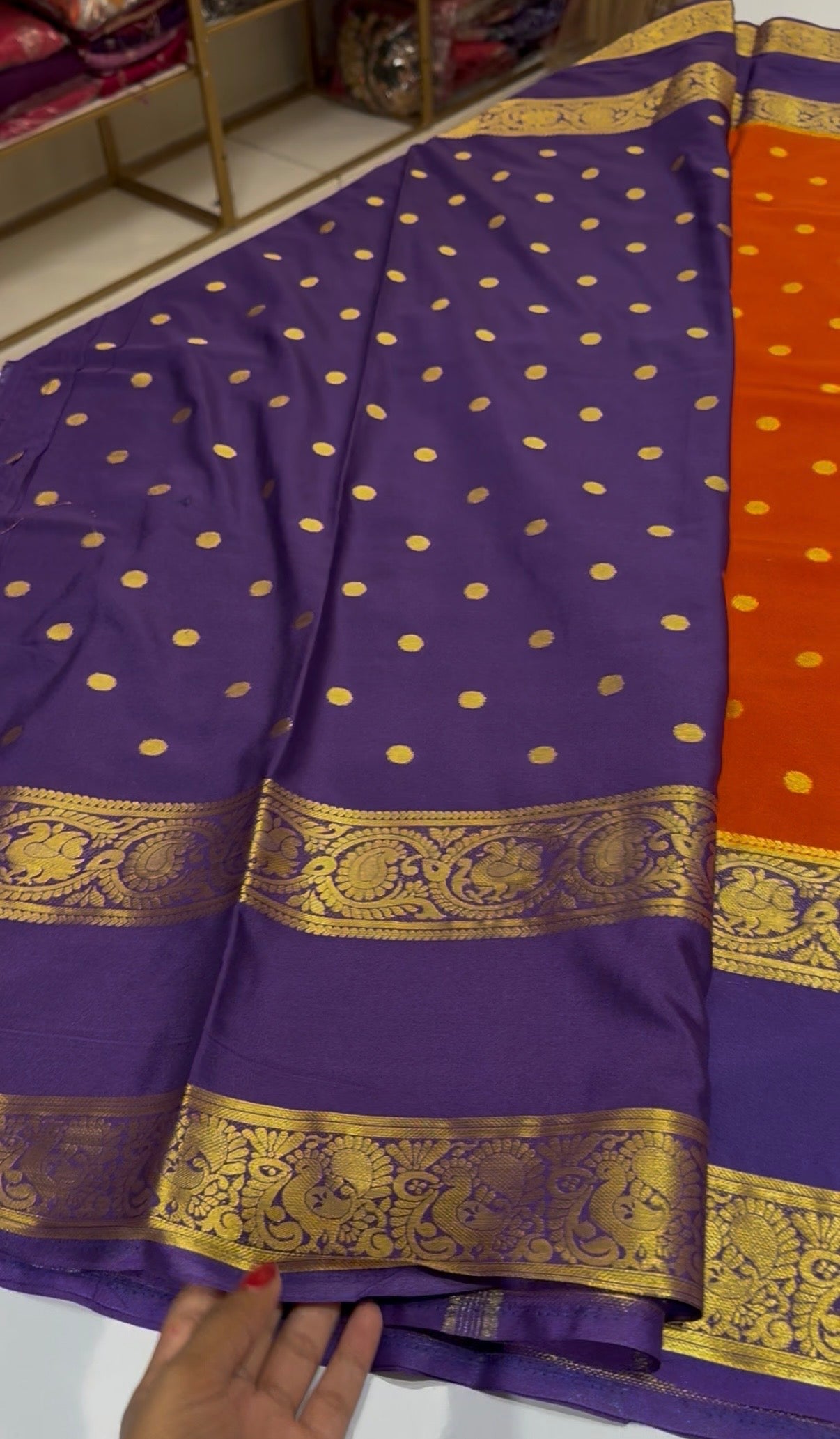 Orange with purple semi crepe silk saree