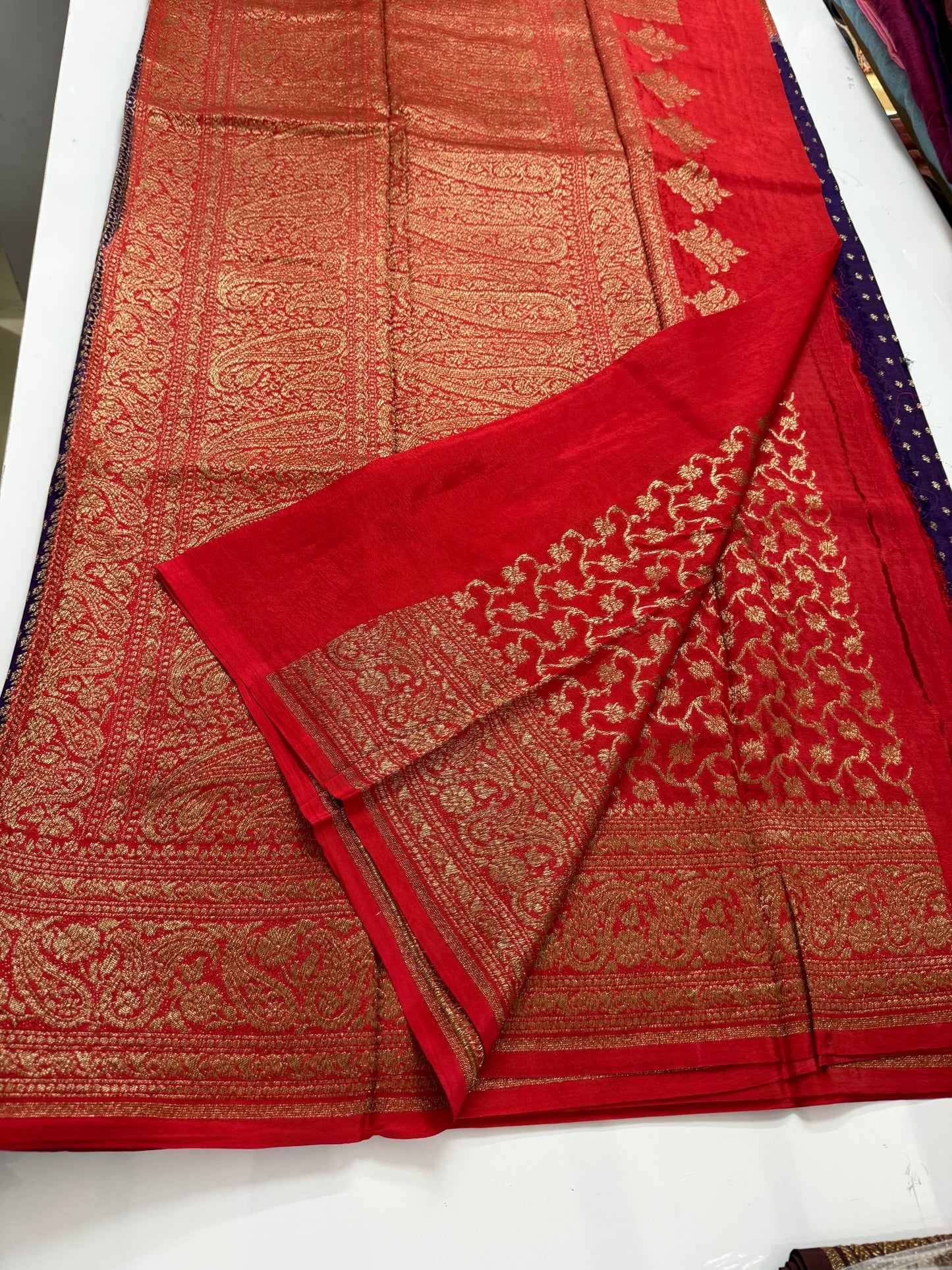 Purple with Red Pure Crepe chiffon banarasi saree