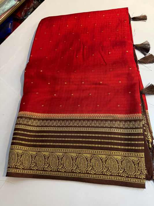 Red with brown raw mango silk Saree (SSV03)