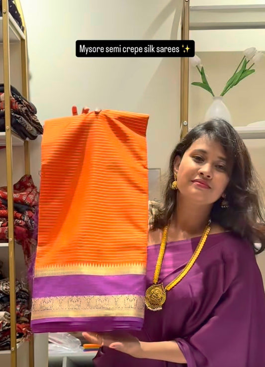 Orange with purple  semi mysore crepe silk saree