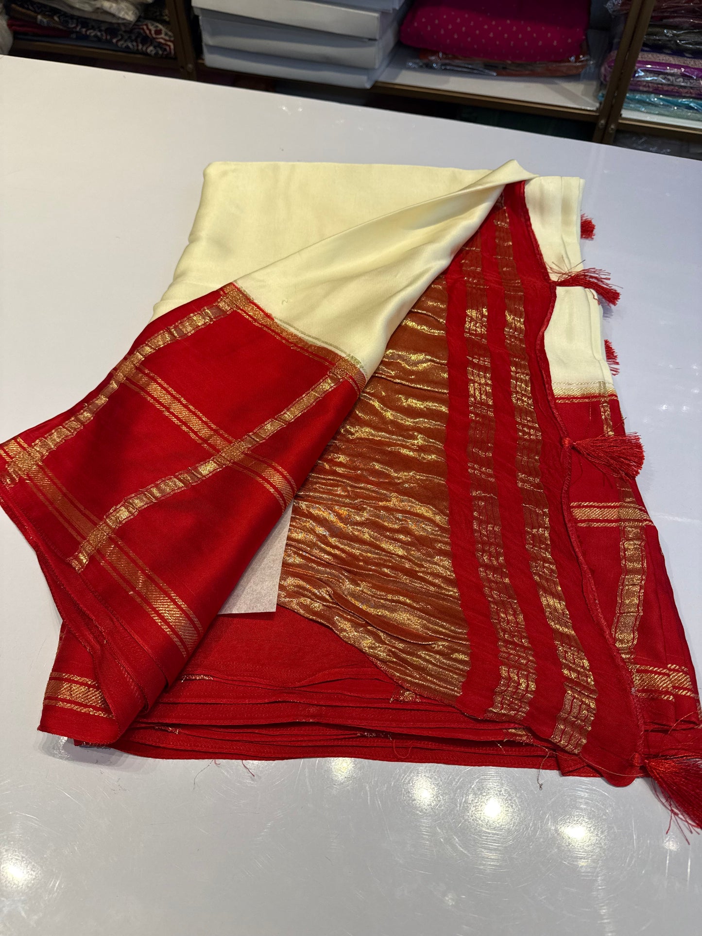 (Pre order) Off white with red Pure modal silk saree