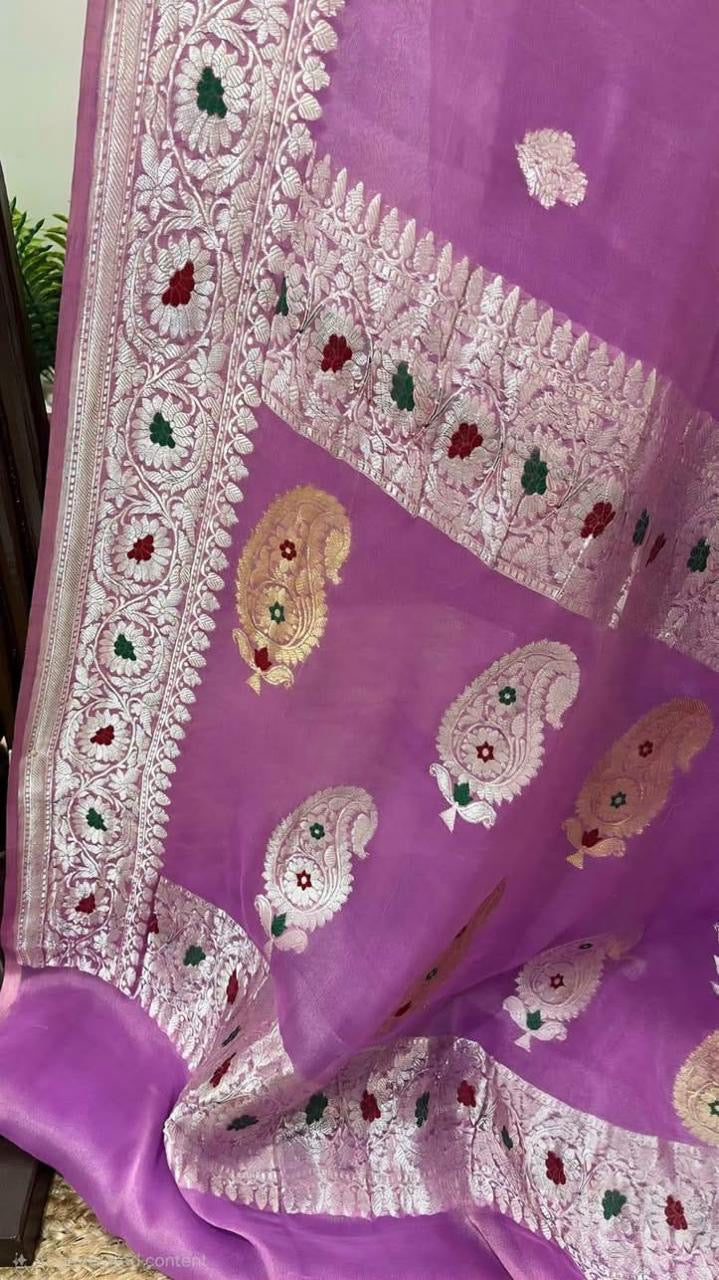 Lavender Banarasi pure tissue chiffon saree sliver zari saree