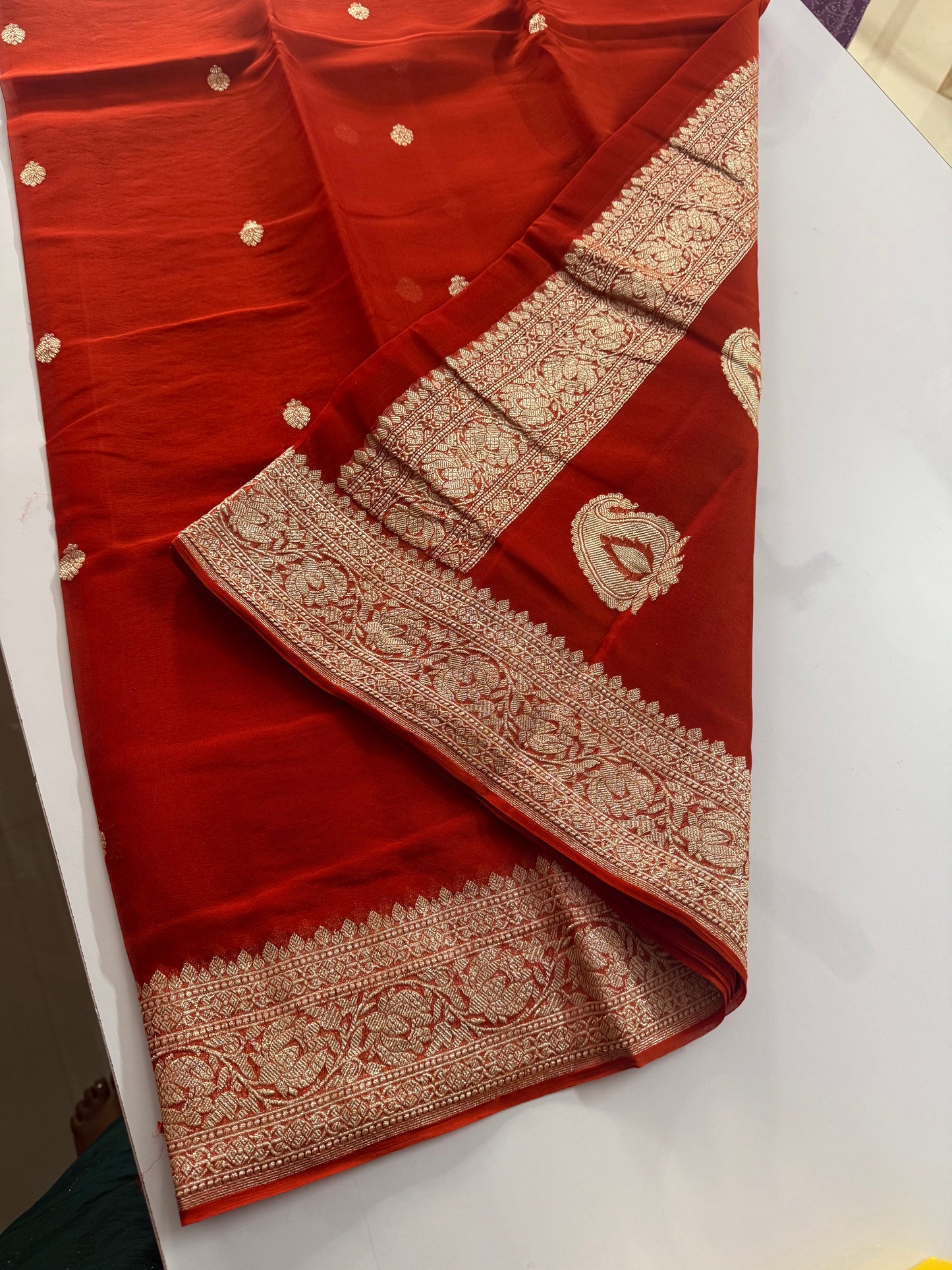 Rust Orange Pure chiffon Banarasi sarees