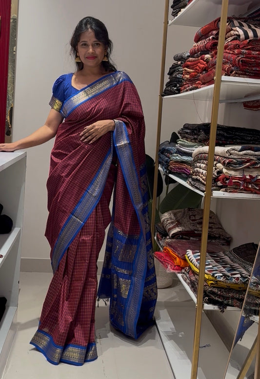 Brown With Blue Madurai cotton silk saree