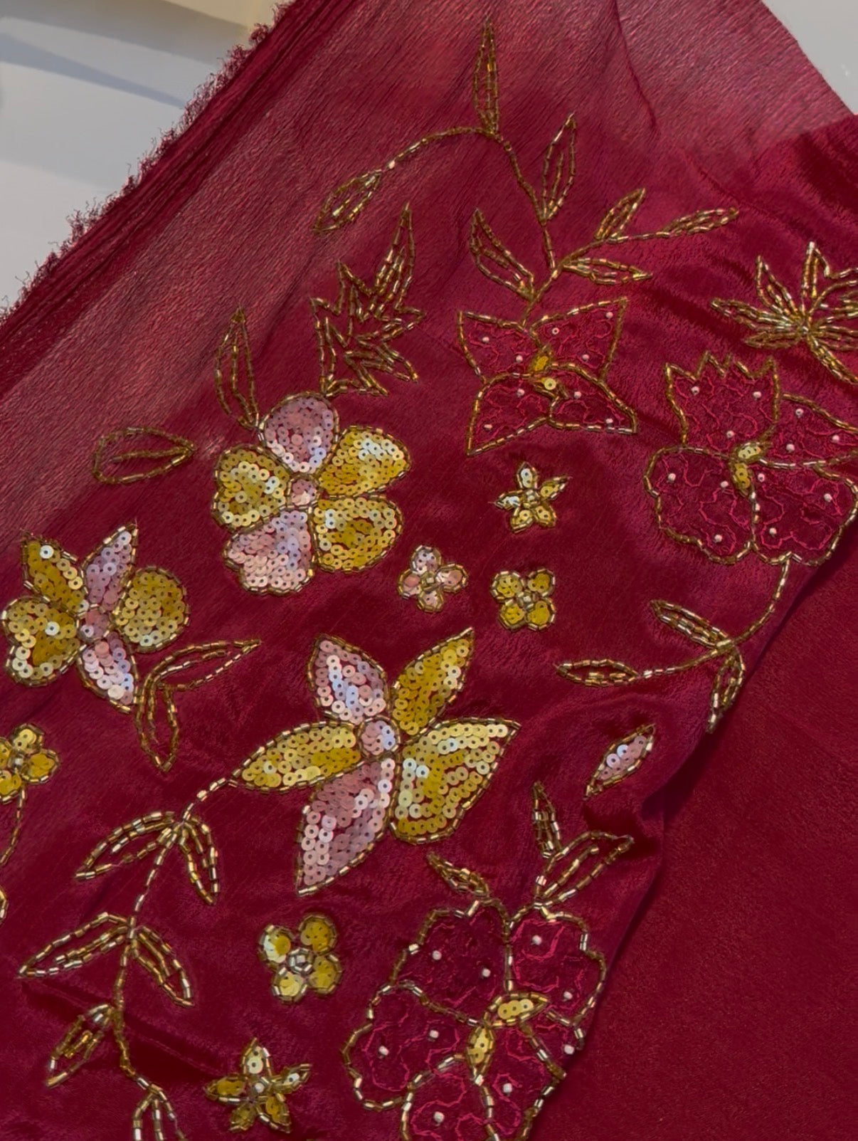 Pinkish red hand work designer saree