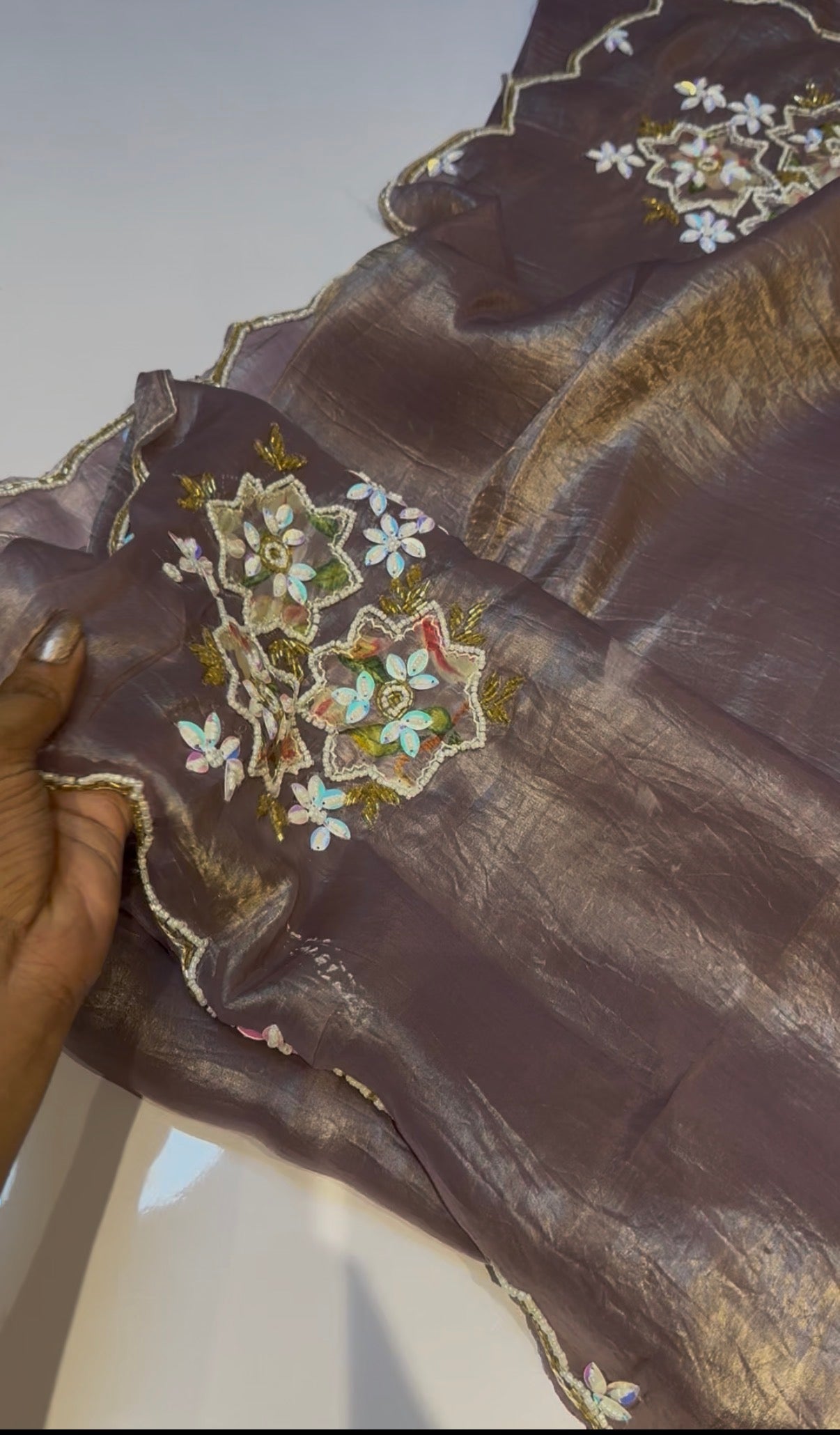 Patch hand work fluid organza saree