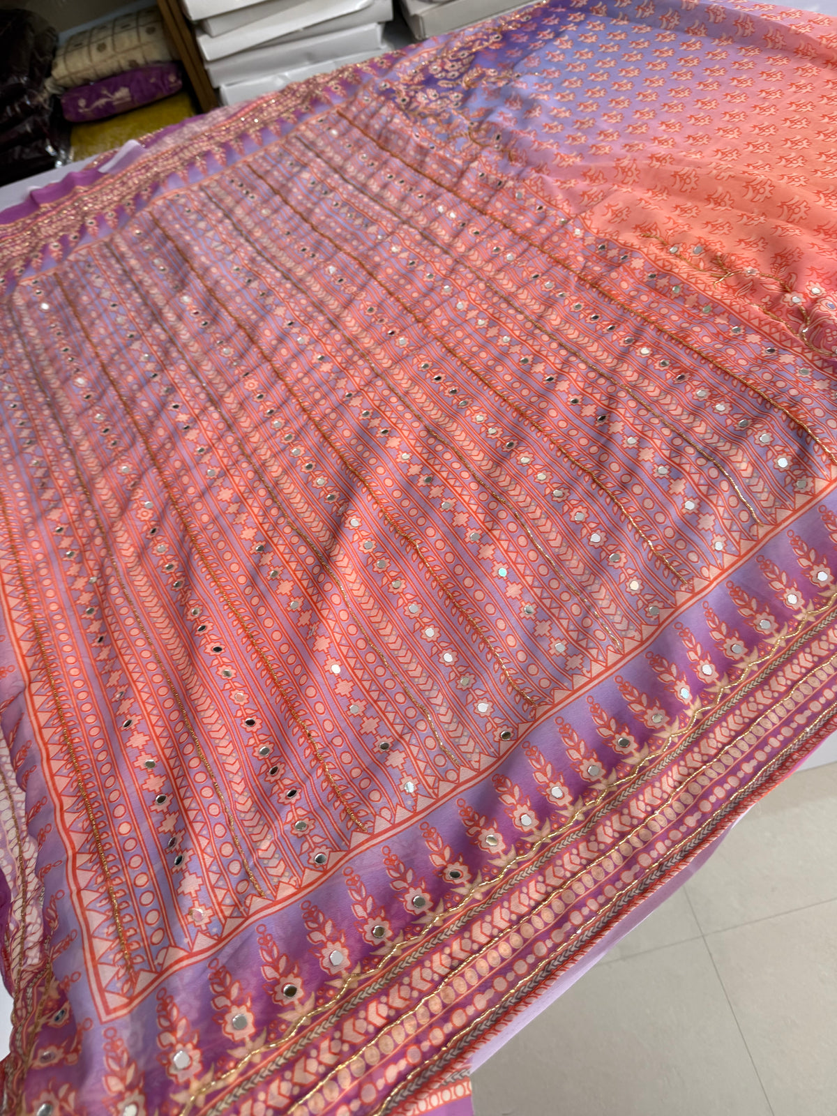 Dual shade Soft georgette Kardana and real mirror work saree hand work.