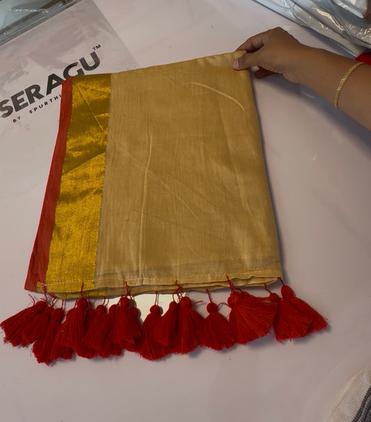 120 count pure mul Cotton With Long Tassels Saree with running blouse(MUL20)
