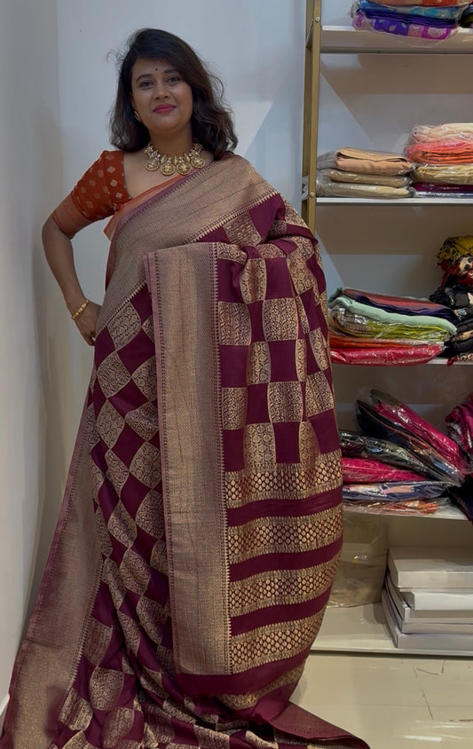 Wine chinnon crushed zari saree