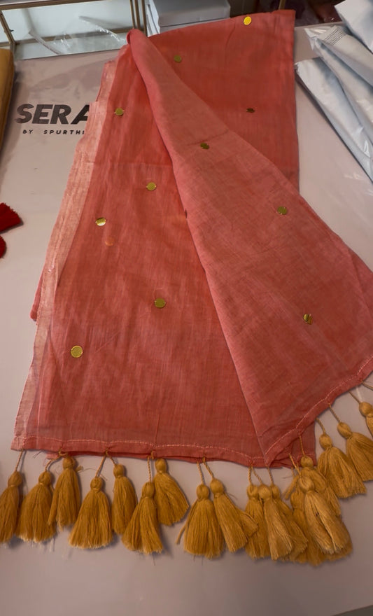 Rashmika mandanna inspired 120 count pure mul Cotton With Long Tassels Saree