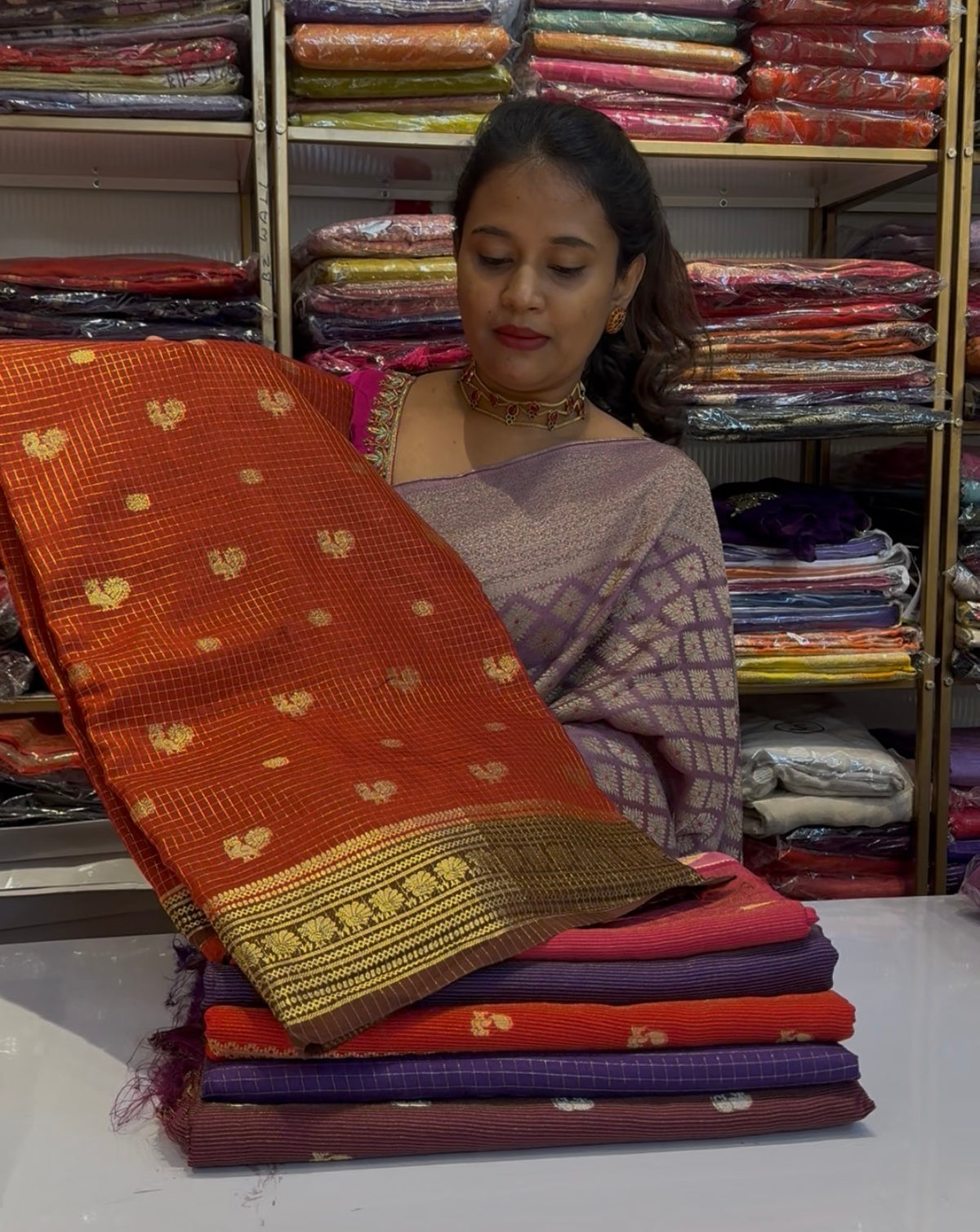 Rust orange with brown Viscose stripes saree