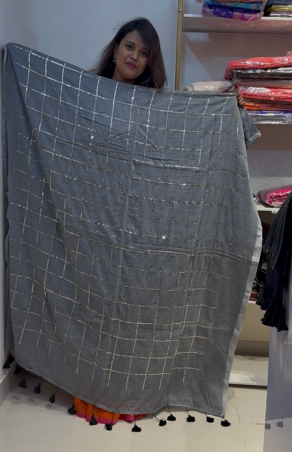 Grey pure mul mul cotton sequence work saree(Grey01)