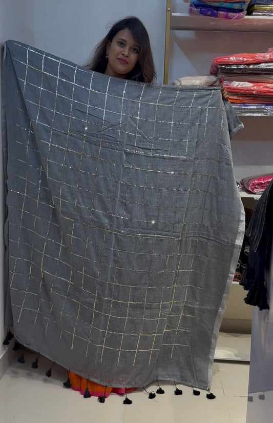 Grey pure mul mul cotton sequence work saree(Grey01)