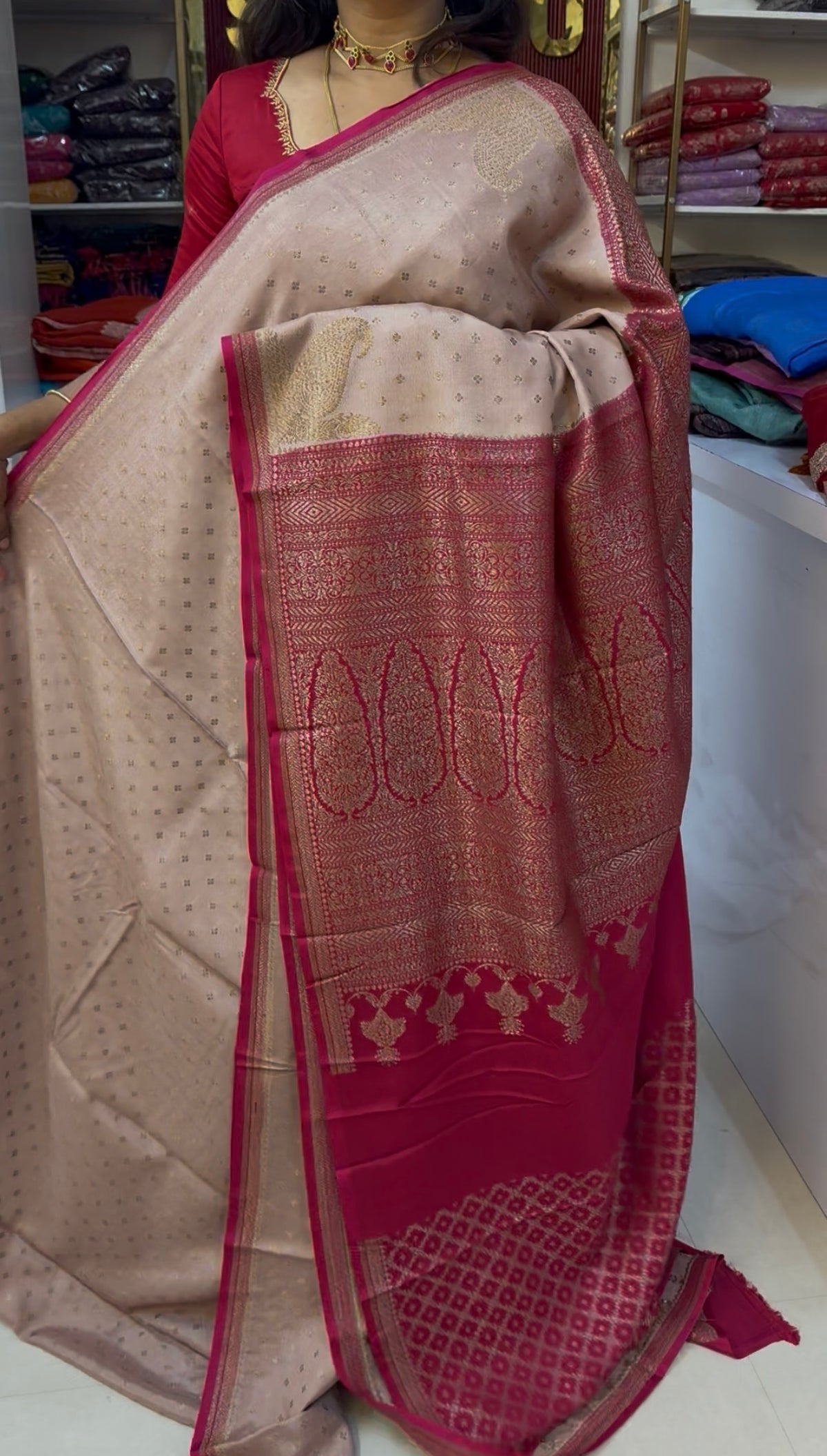 Small border Pure Crepe chiffon konia design banarasi saree chikoo with pink (SBSGCC66)