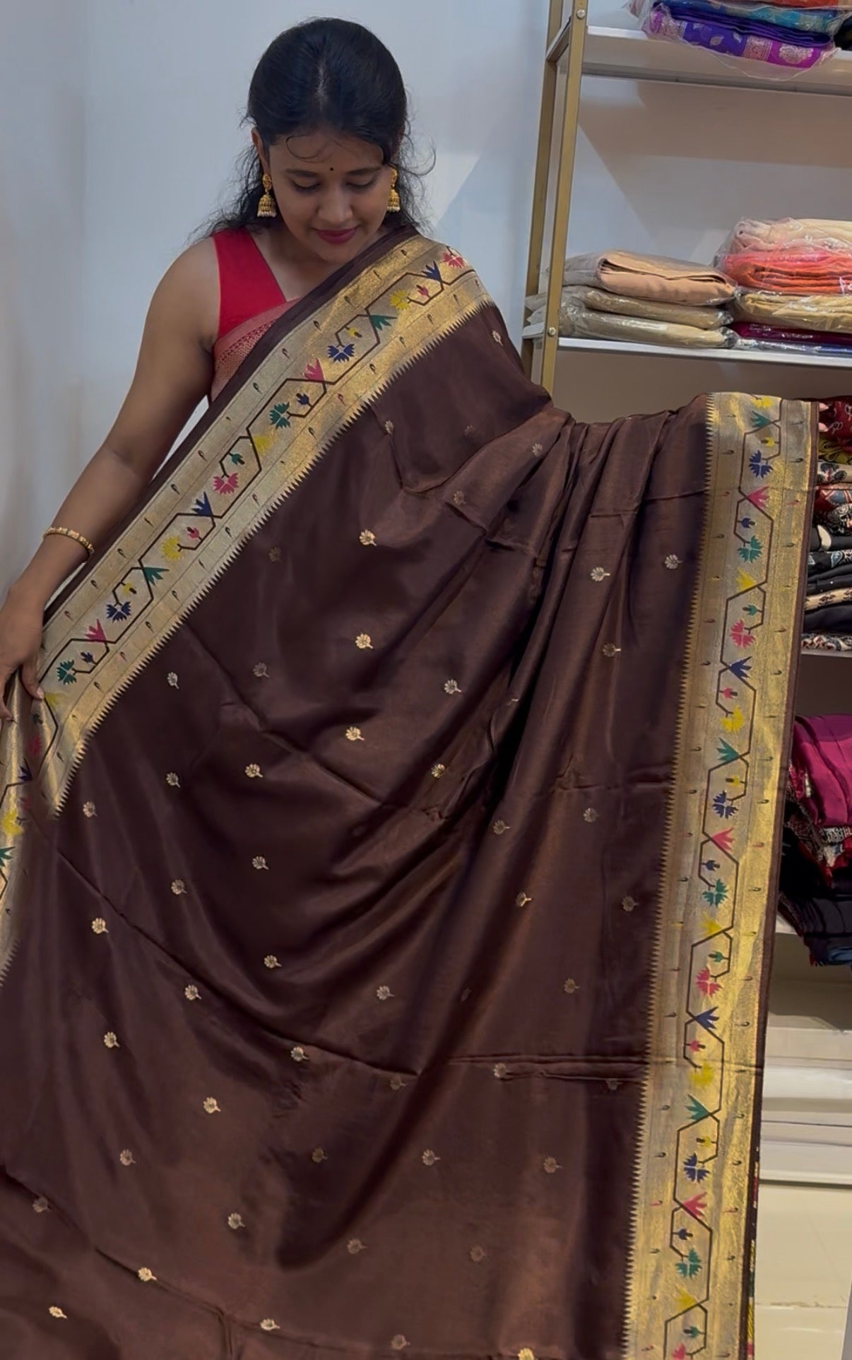 Brown dola silk saree with paithani border.